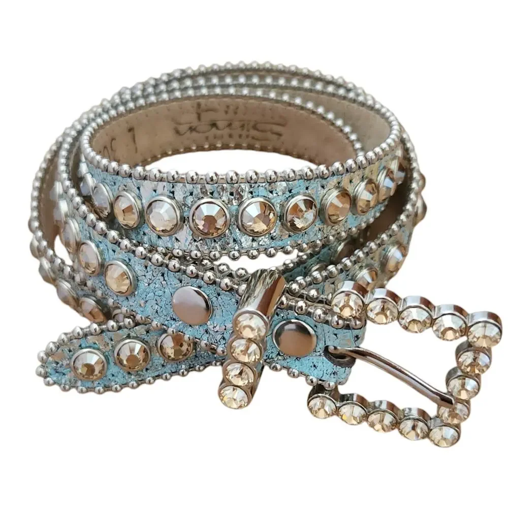 B.B. SIMON Alegra leather skinny Swarovski Crystal skinny belt blue metallic L - Picture 1 of 7